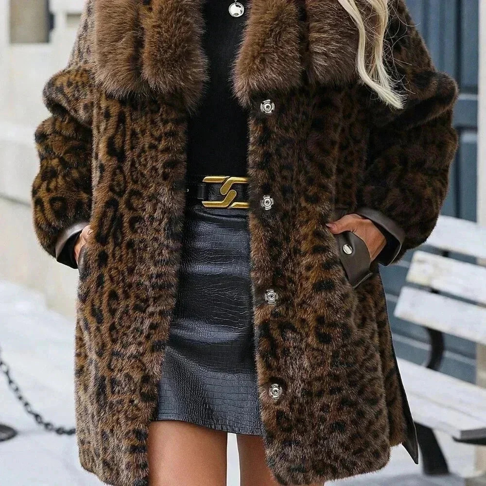 Coffee Brown Casual Women's Long Sleeve Fluffy Leopard Print Button Coat - Picture 6 of 8
